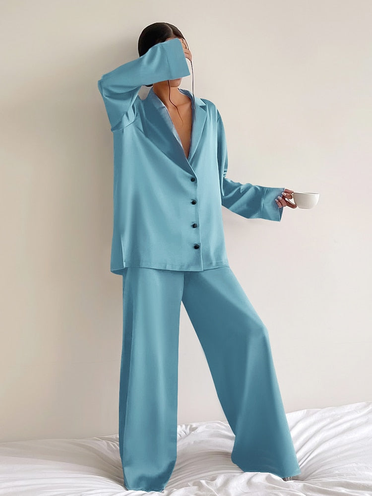 Hiloc Oversized Satin Silk Sleepwear Low Cut Sexy Pajamas For Women Single-Breasted Long Sleeves Wide Leg Pants Trouser Suits