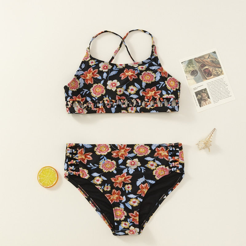 TUONXYE Girls Swimwear Swimsuits Outfits Off Shoulder Crop Top Floral Print Briefs Set Children Bikini Beachwear Bathing Suits