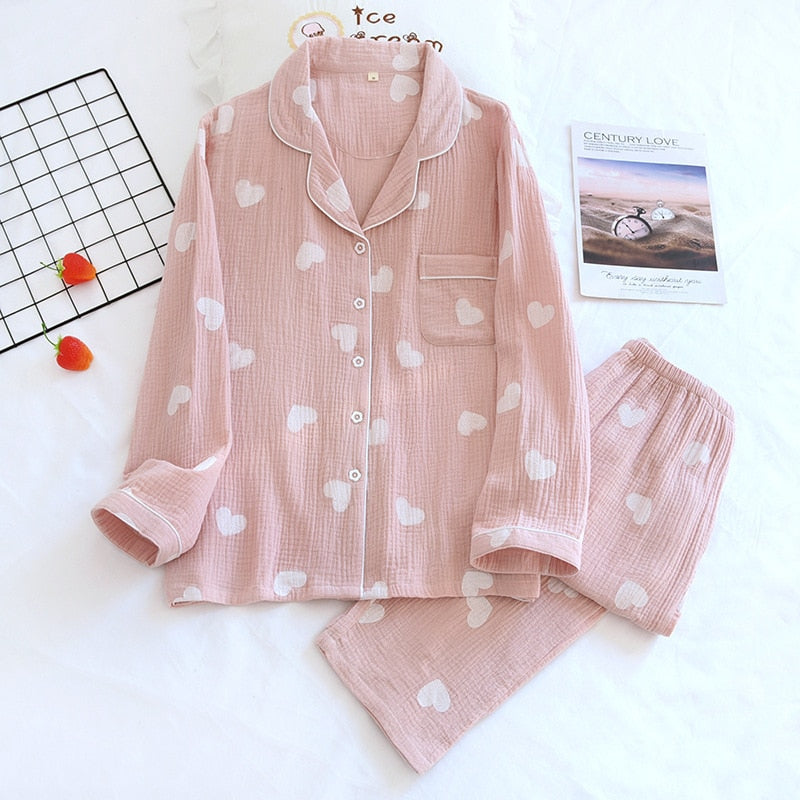 Spring New Ladies Pajamas Set Heart Printed Crepe Cotton Double-layer Gauze Turn-down Collar Long-sleeve Trousers Household Wear