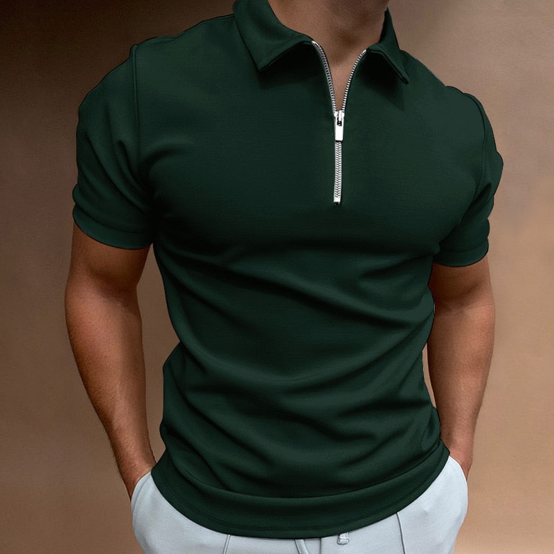 NEW Men Solid Color Polo Shirt Short Sleeve Turn-Down Collar Zipper Polo Shirt for Men Casual Streetwear Summer Male Tops