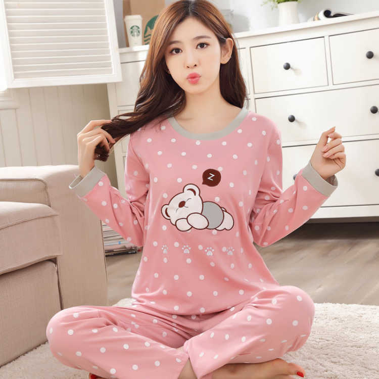 Autumn Thin 2pieces Pajamas Set Women Sleepwear Lovely Home Suits Round Neck Girls Teacup SleepwearLong Sleeve Pajamas