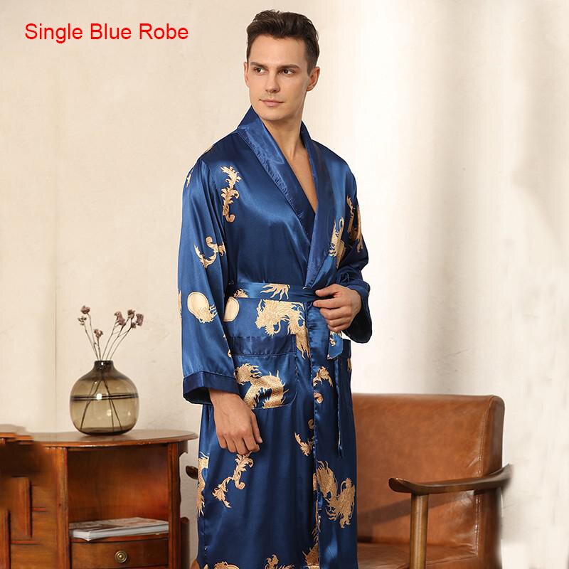 Male Satin Sleepwear Robe&amp;Pants Dargon Pajamas Set Print Men Nightwear Kimono Bathrobe Gown Faux Silk Lounge Wear Home Clothes