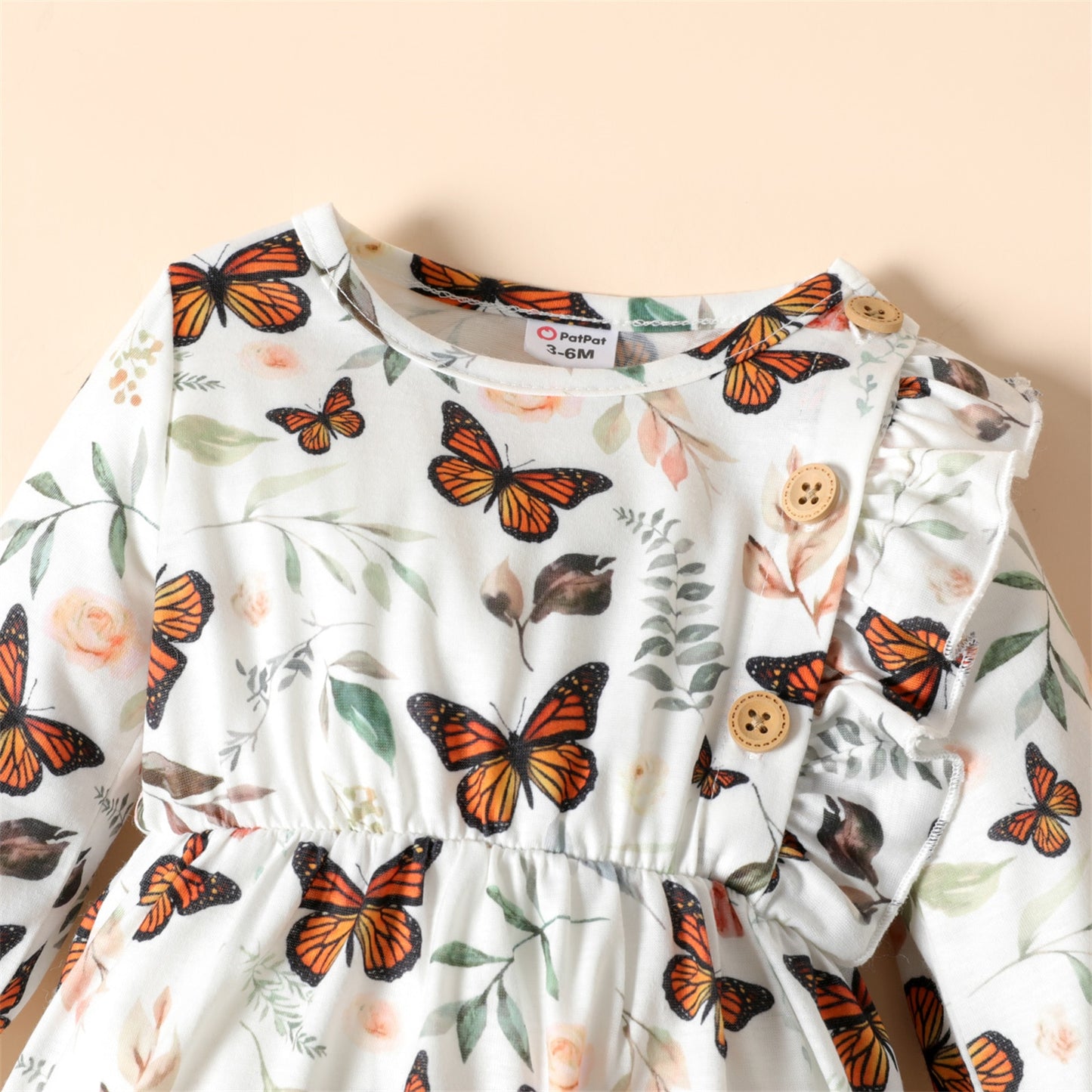 PatPat Baby Girl Long-sleeve Jumpsuit Baby Romper Spring and Summer Baby Girls Newborn Clothings Brown/White Butterfly Ruffle