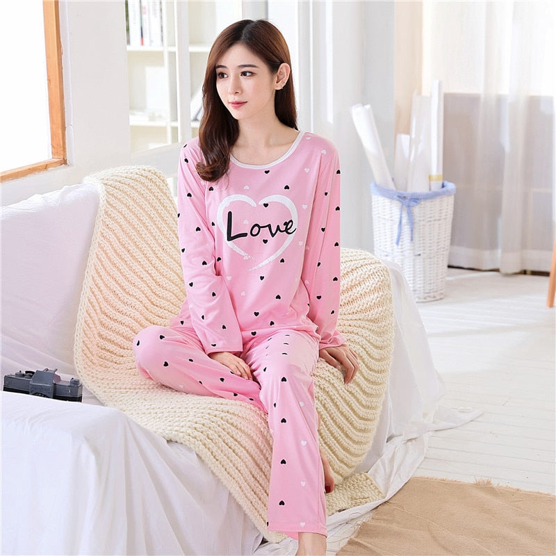 Autumn Thin 2pieces Pajamas Set Women Sleepwear Lovely Home Suits Round Neck Girls Teacup SleepwearLong Sleeve Pajamas