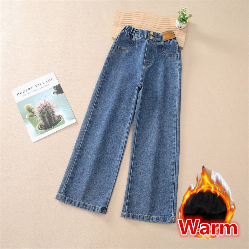 Teenage Girls Jeans With Fleece Autumn Winter Casual Fashion Kids Wide Leg Insulated Jeans Pants School Children Denim Trousers