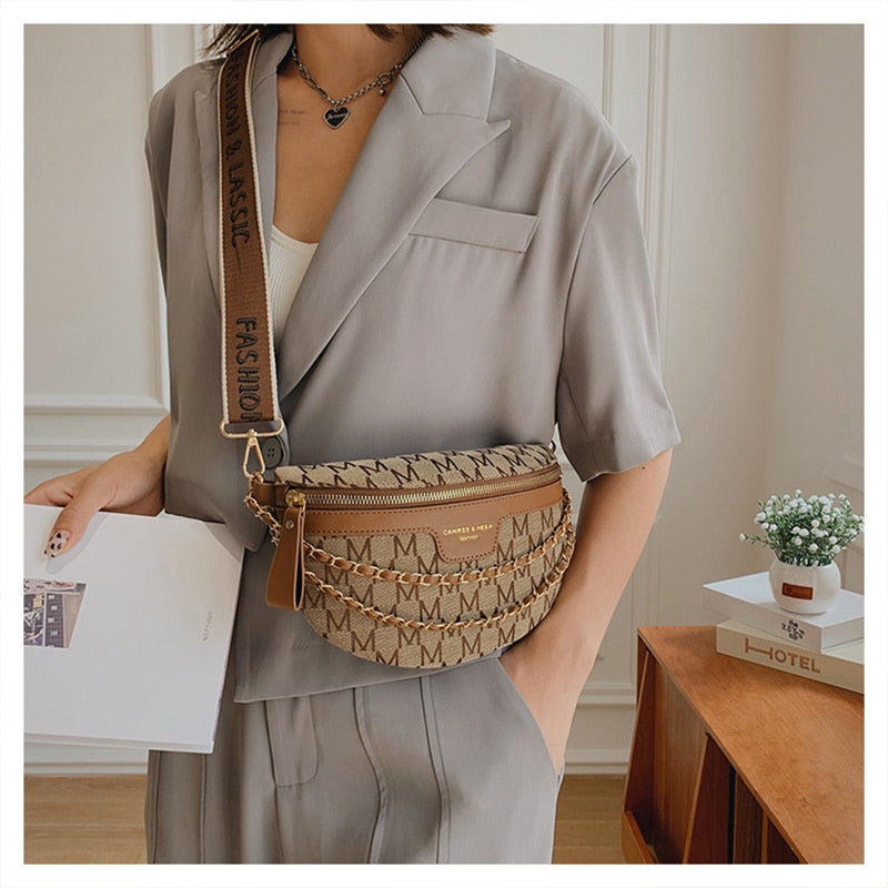 Fashion Pattern Fanny Packs For Women Stylish Letter Printed Chain Waist Bag Female Waist Pack Wide Strap Crossbody Bag