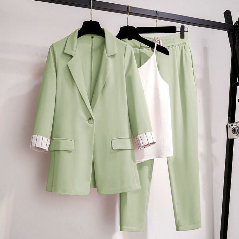 Women's Spring Summer Thin Blazer Pants 3 Pcs Set Office Lady Work Graceful Suit Coat Trousers Vest Outfits Daily Clothes
