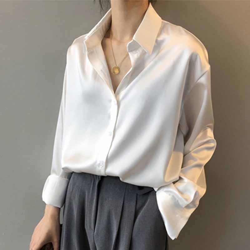 Silk Office Ladies Elegant Shirt Blouse Women Fashion Button Up Satin Shirt Vintage White Long Sleeve Shirts Tops 11355