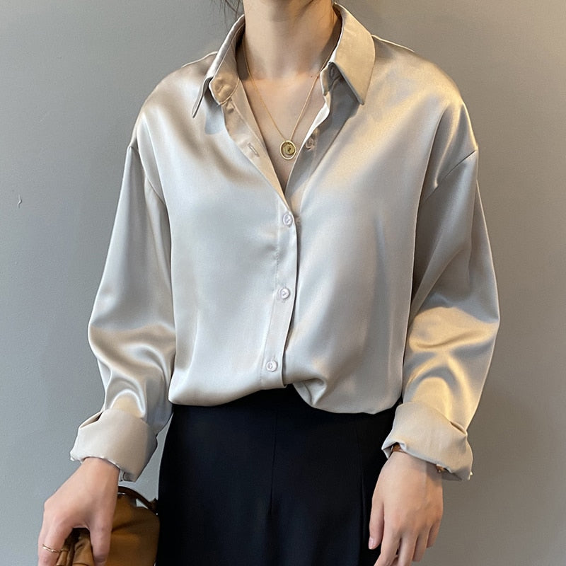 Silk Office Ladies Elegant Shirt Blouse Women Fashion Button Up Satin Shirt Vintage White Long Sleeve Shirts Tops 11355