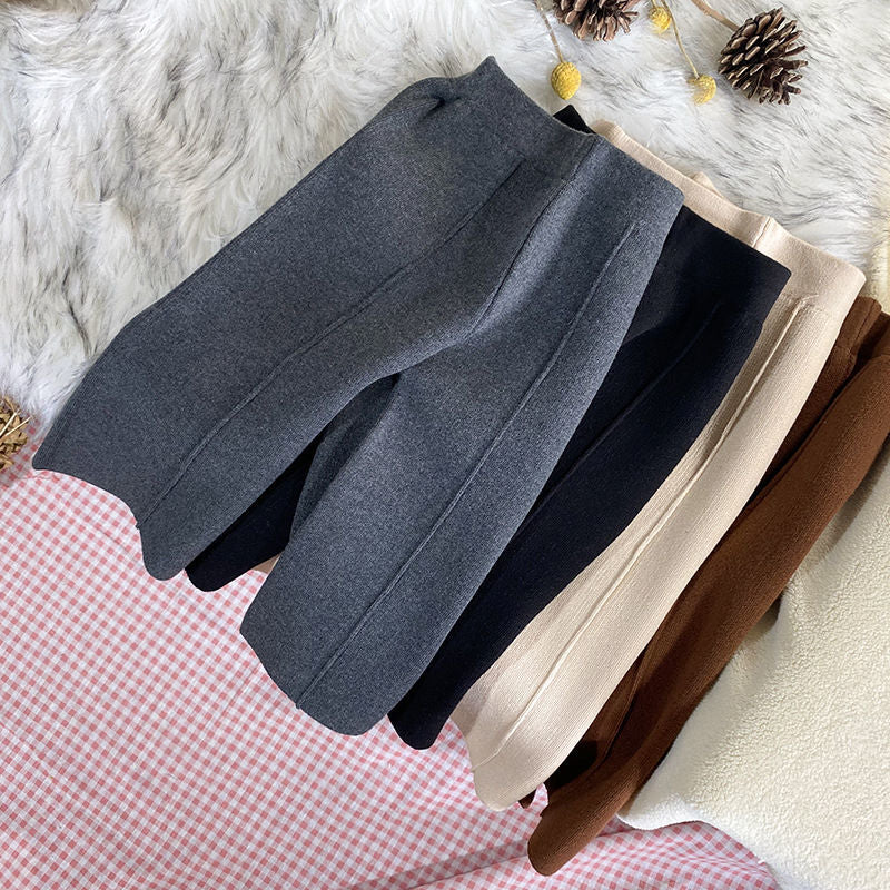 Kids Girls Knitted Casual Pants Loose Autumn Winter Outwear Trousers Black Gray Apricot Wide Leg