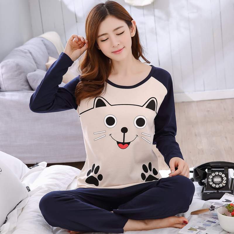 Autumn Thin 2pieces Pajamas Set Women Sleepwear Lovely Home Suits Round Neck Girls Teacup SleepwearLong Sleeve Pajamas