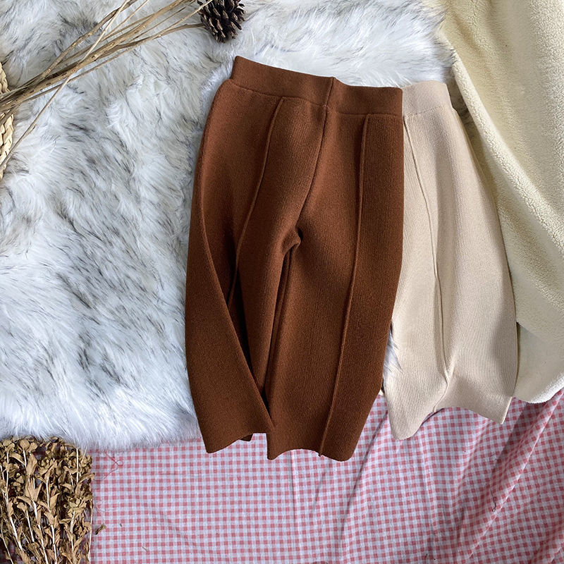 Kids Girls Knitted Casual Pants Loose Autumn Winter Outwear Trousers Black Gray Apricot Wide Leg