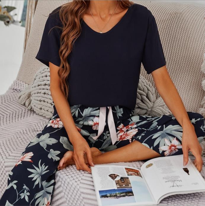 Breathable 2PCS Pajama Short Sleeve Printed Pijama Mujer Femme Loose Nightwear Suit Female Casual Homewear Pajama Set For Women