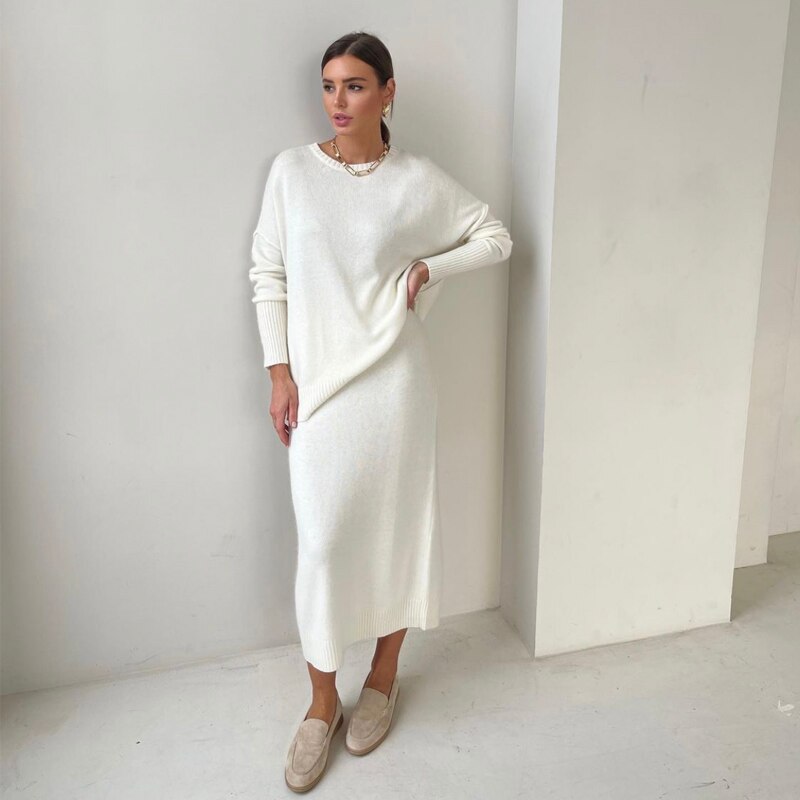 Hirsionsan Soft Vintage Lace Up Women Suits 2 Pieces Female Sets with Belt V Neck Cardigan & Midi Dress Ladies Knitted TrackSuit