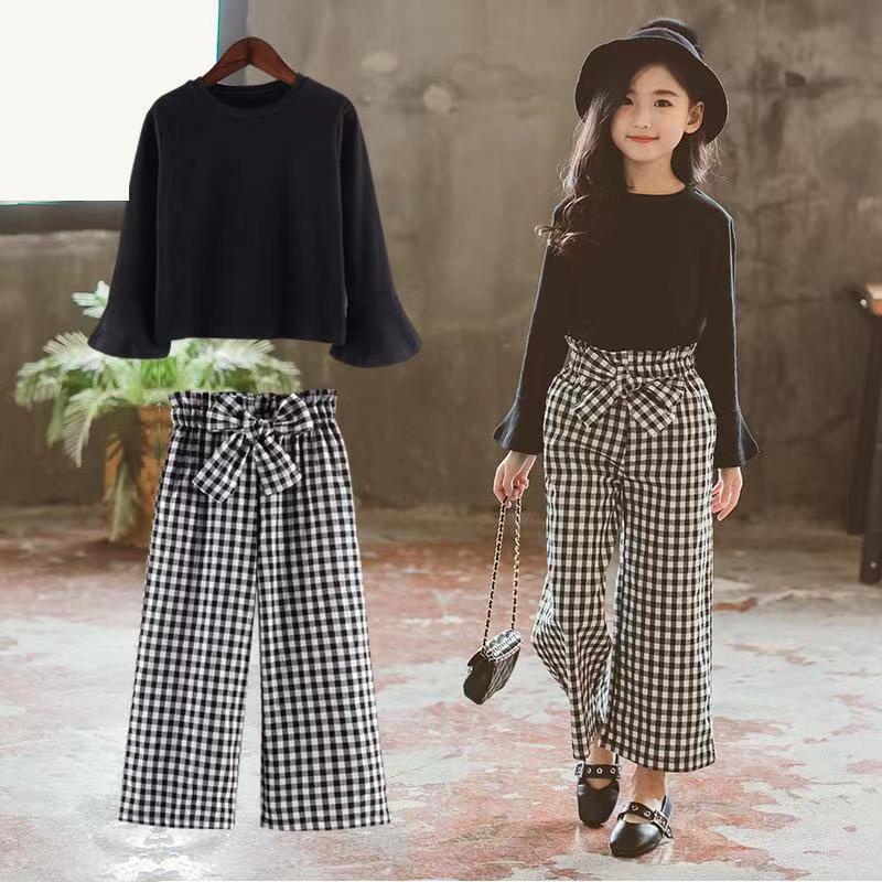 Kids Girls Clothing Sets 2023 Autumn Long Sleeve T-shirts + Plaid Wide Leg Pants 2PCS Children's Clothes Teenage 6 8 10 12 Years