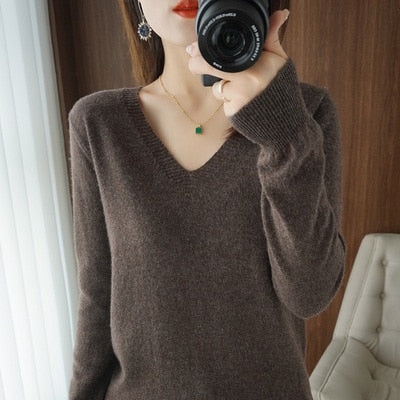 Women's Sweater 2023 Autumn Winter Knitted Pullovers V-neck Slim Fit Bottoming Shirt Solid Soft Knitwear Jumpers Basic Sweaters