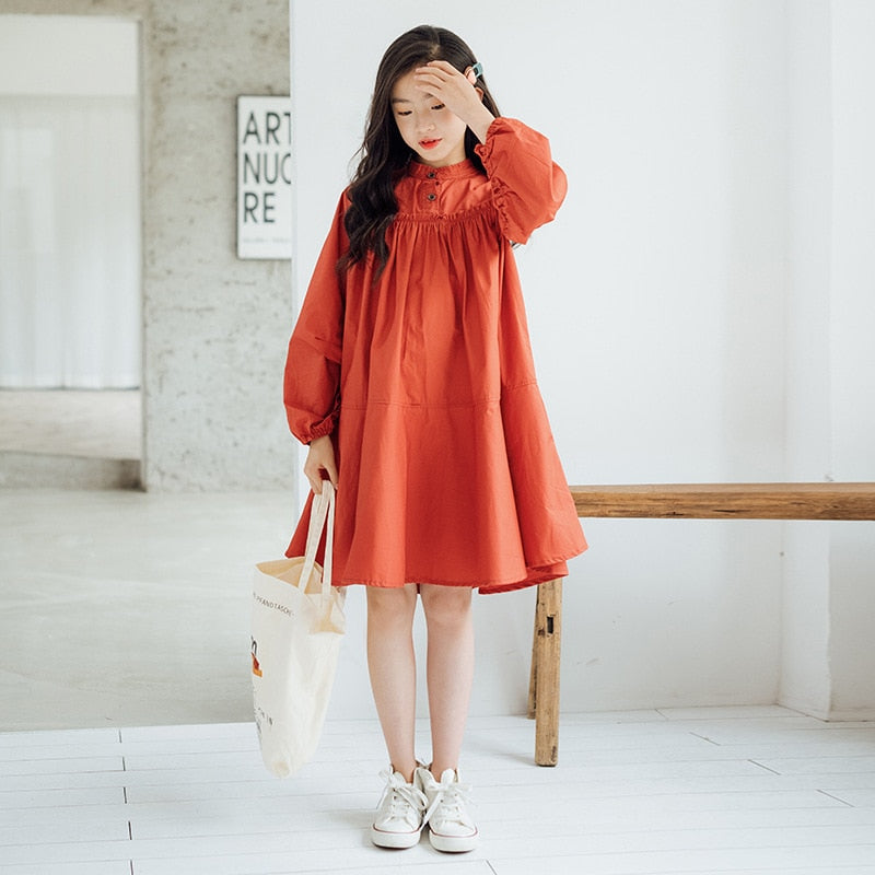 Long Sleeve Kids Dresses For Teenage Girls Autumn Cotton Princess Casual Loose Midi Dress Young Children Clothes 12 13 14 15 16Y