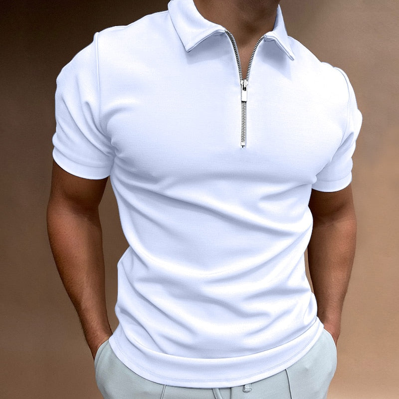 NEW Men Solid Color Polo Shirt Short Sleeve Turn-Down Collar Zipper Polo Shirt for Men Casual Streetwear Summer Male Tops